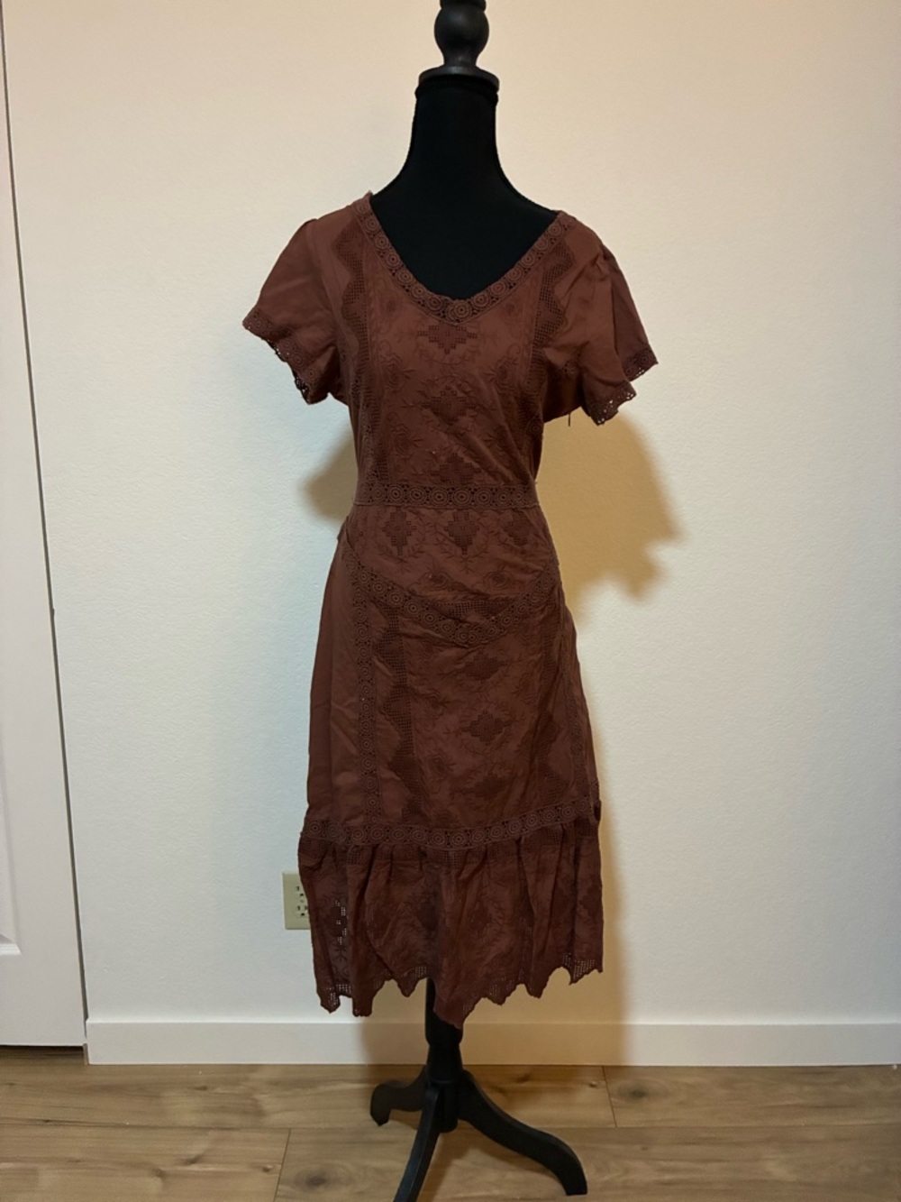 Sundance Brown Embroidered Midi Dress Boho Indie Hippy Granola 100% Cotton